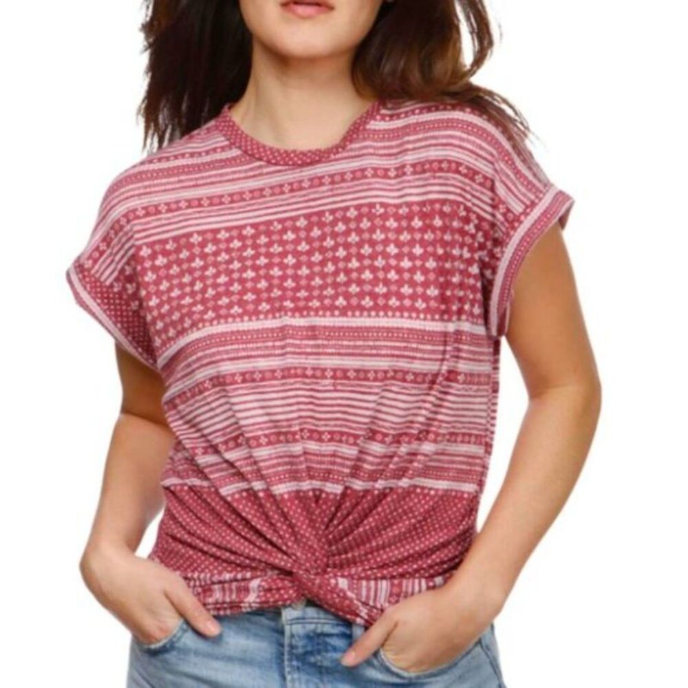 Lucky Brand Womens XS Red Striped Twist-Hem Shirt NWOT Boho